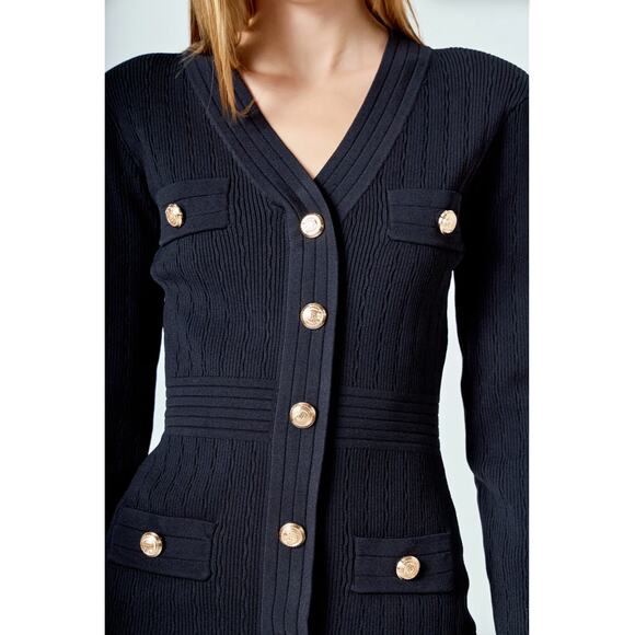 NWT Endless Rose V-Neck Long Sleeve Knit Mini Dress XS Black Gold Buttons Ribbed - Picture 3 of 11